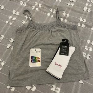 Bundle Pack - Grey lace tank, 2 pack of crew socks and 2 rainbow hair clips